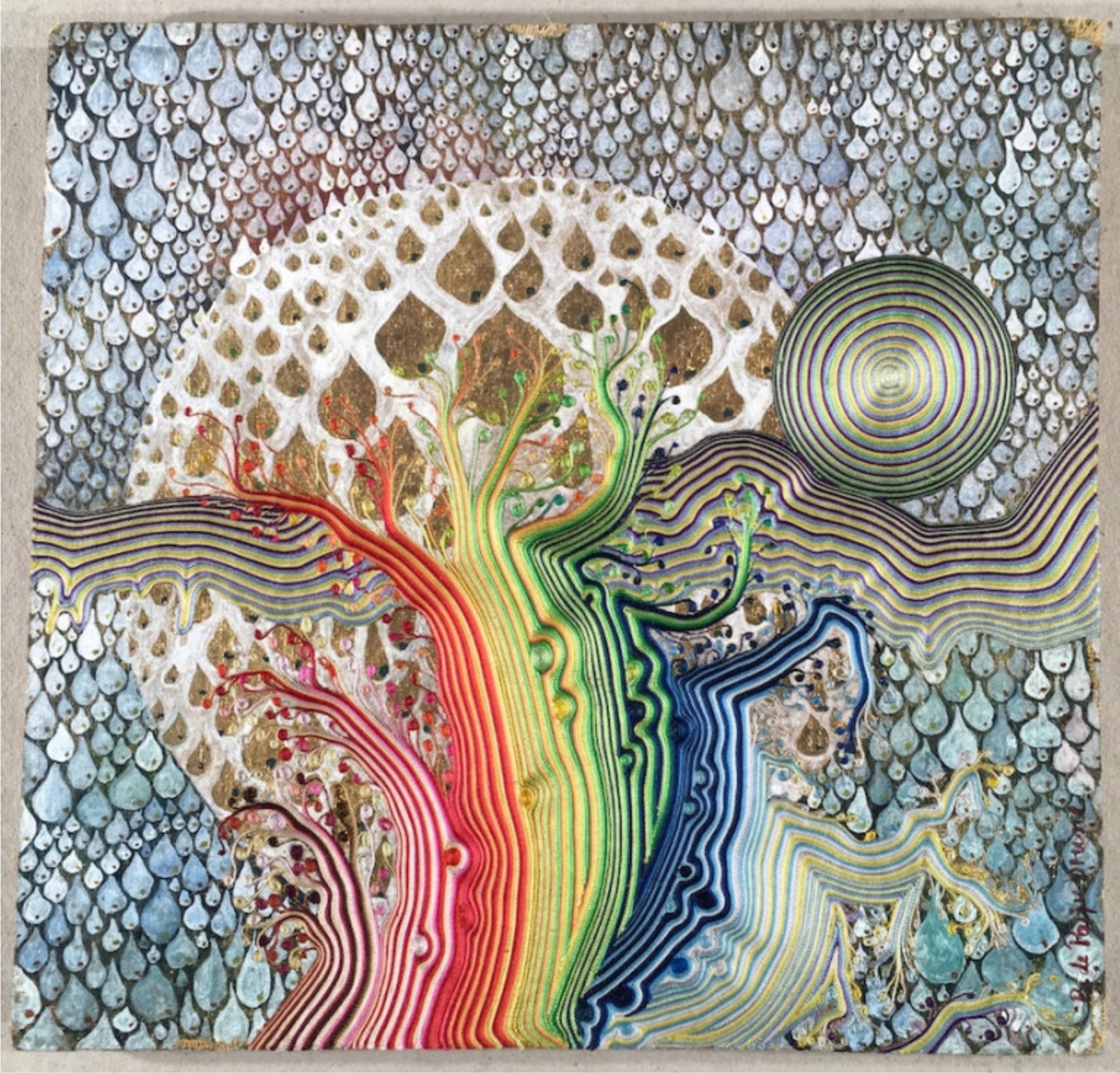 02 Lebensbaum Im Tal Der Tranen 1980 Seidenfaden Arcryl Und Gold Auf Holz