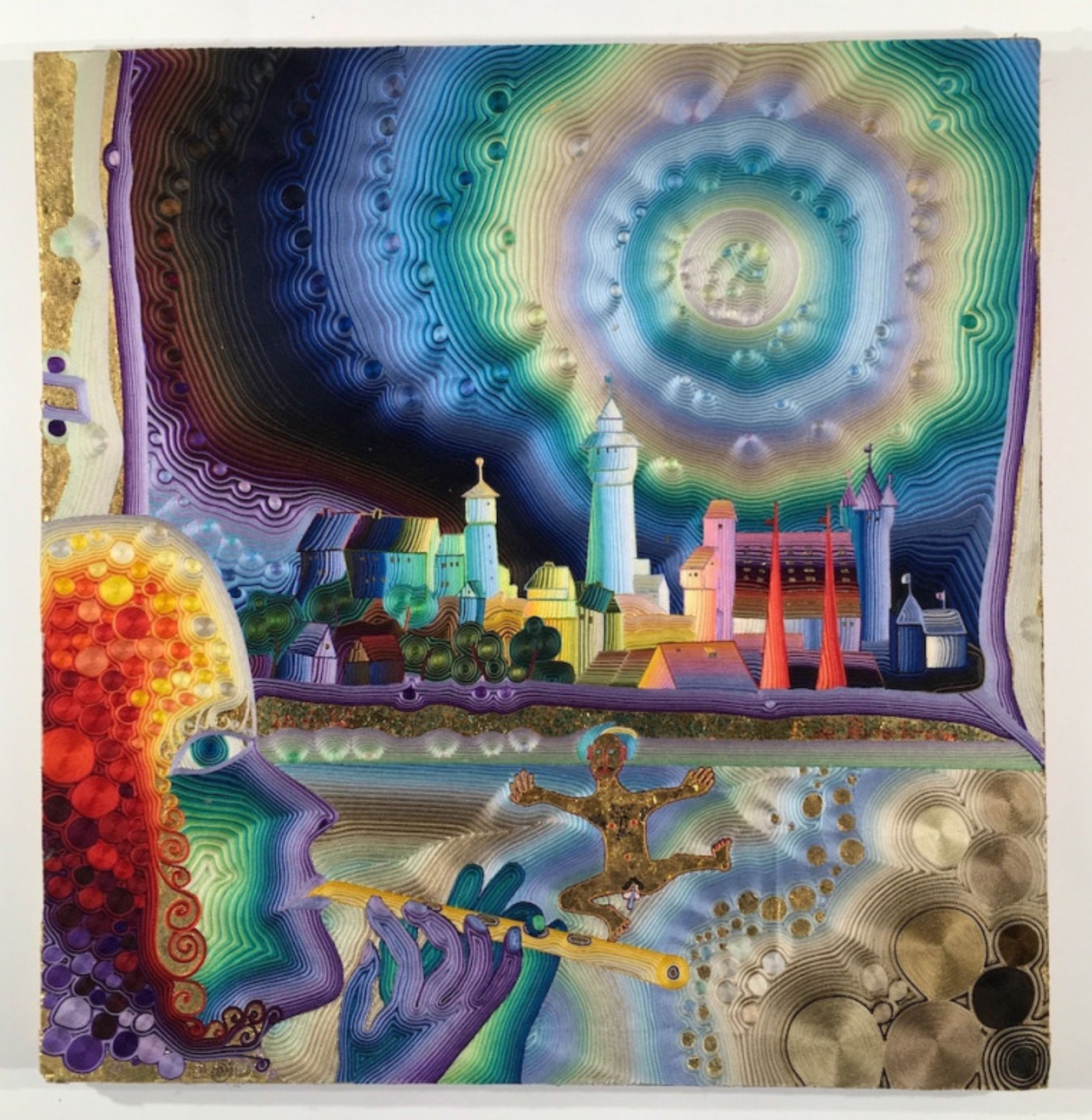 03 Spiel Der Kleinen Nachtmusik Auf Der Zauberfloete 1982 Seidenfaden Und Gold Auf Holz